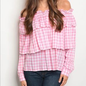 Pink Gingham Off the Shoulder Top